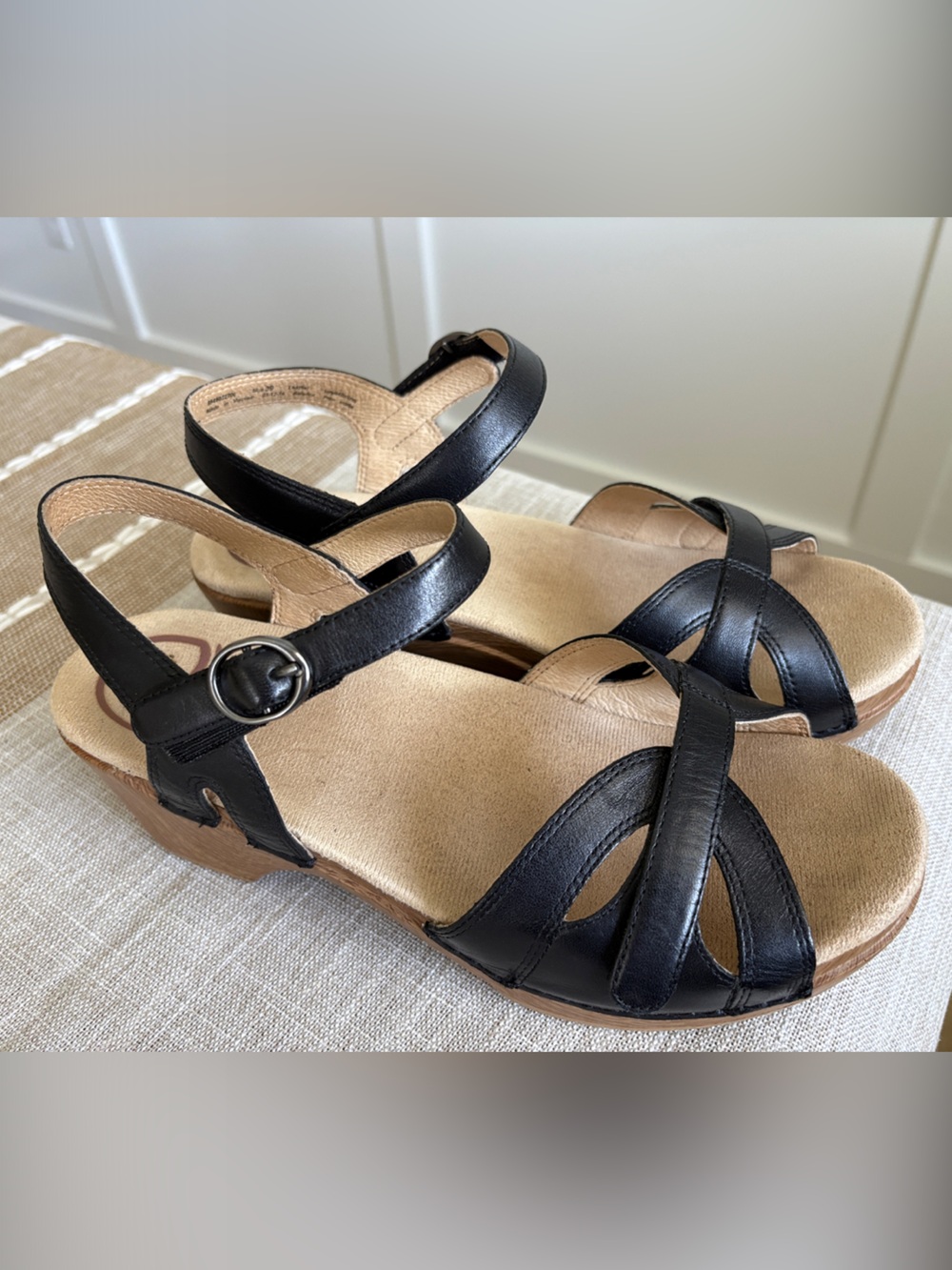 Dansko Black Leather Crisscross Sling Sandals with Buckle